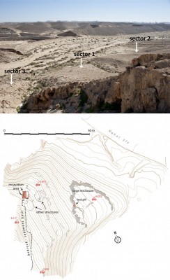 Figure 2. Plan of sector 1. Note the large enclosure or terrace wall(s) on the lower part of the slope, closer to the riverbed, and the excavated circular structure. 